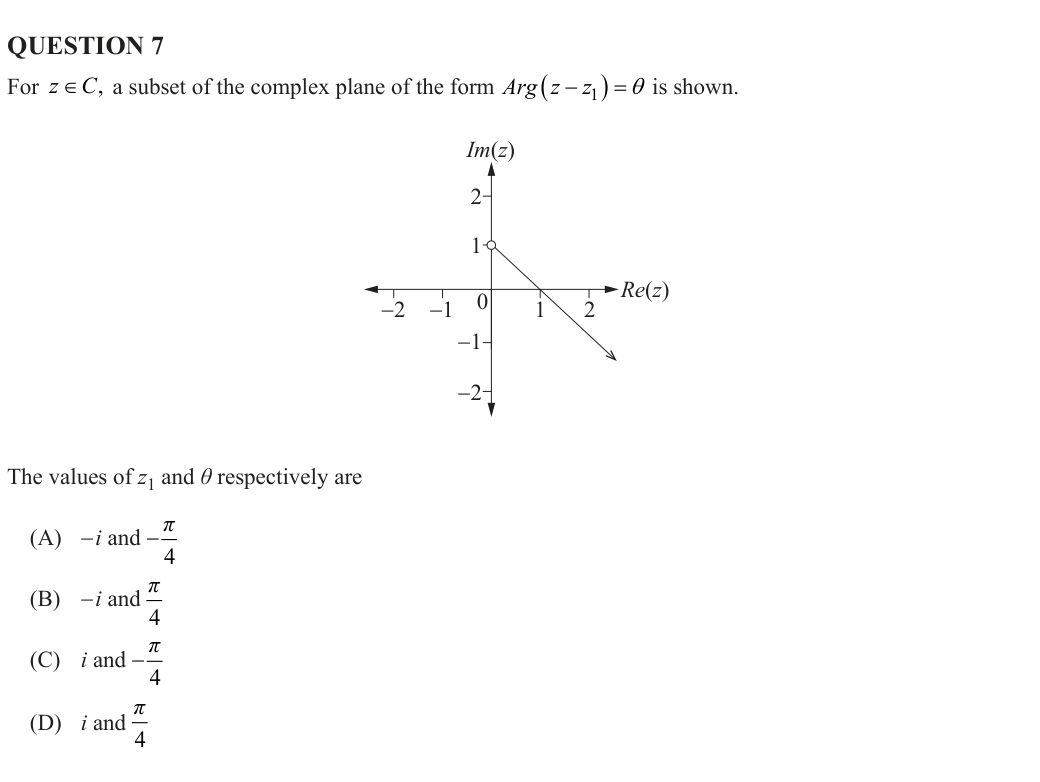 Specialist Mathematics 2025 Paper 1, question 7: a ray drawn on the complex plane, with four multiple-choice options.